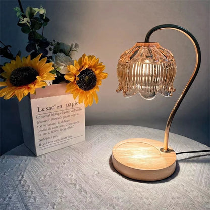 Lâmpada Aquecedora de Velas | Abajur Retro em Vidro & Base em Madeira Maciça