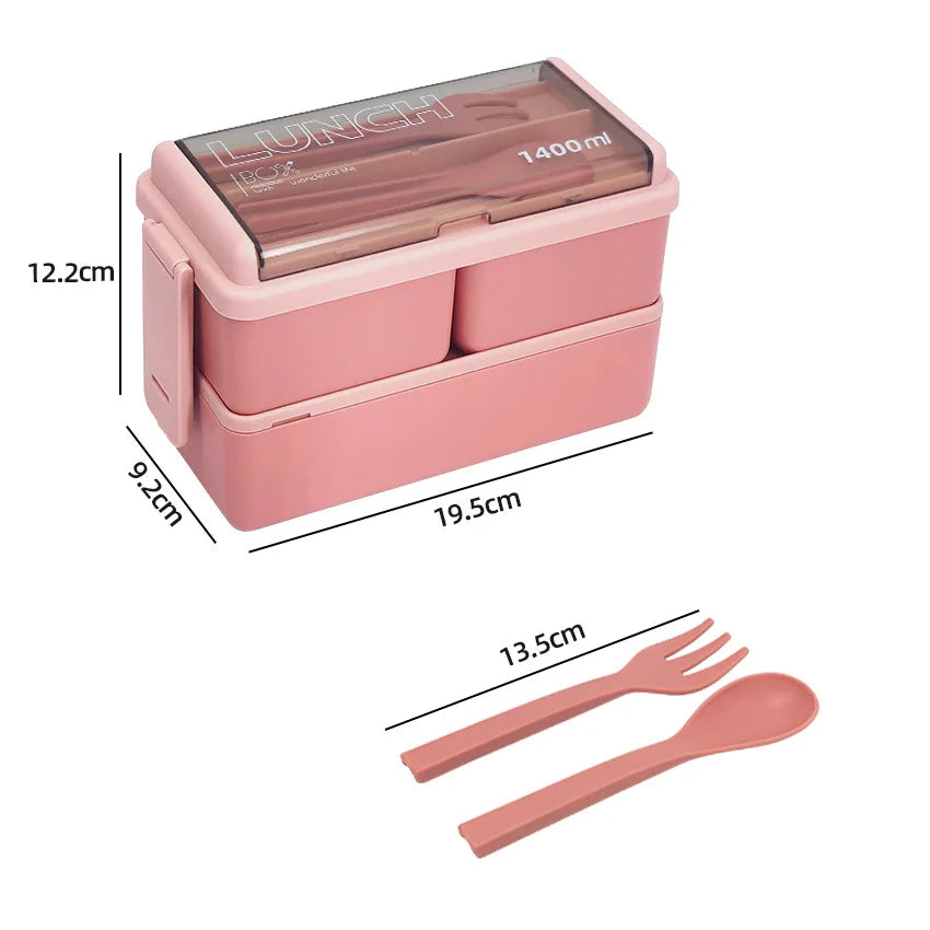 1400ml Double Layer Bento Box | Portable Lunch Box with Fork & Spoon – Microwave Safe Food Storage for Kids & Adults