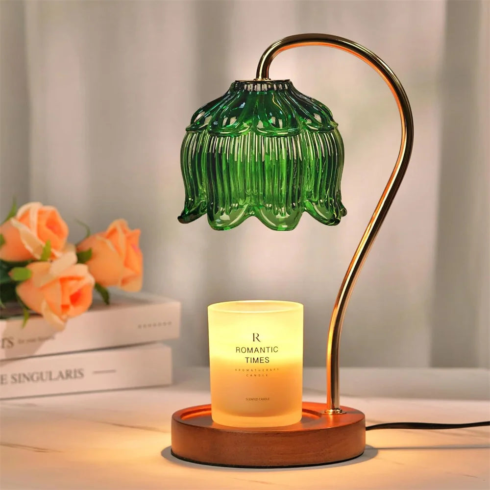 Lâmpada Aquecedora de Velas | Abajur Retro em Vidro & Base em Madeira Maciça