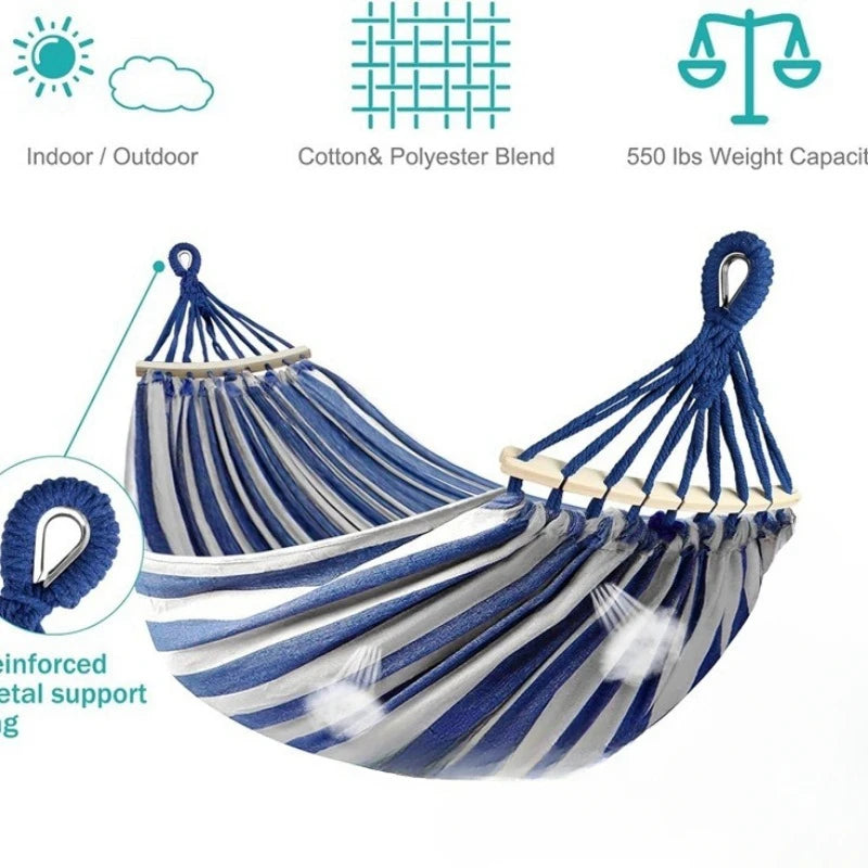 Canvas Double Hammock | Anti-Roll Swing Bed with Wooden Spreaders for Camping & Outdoors