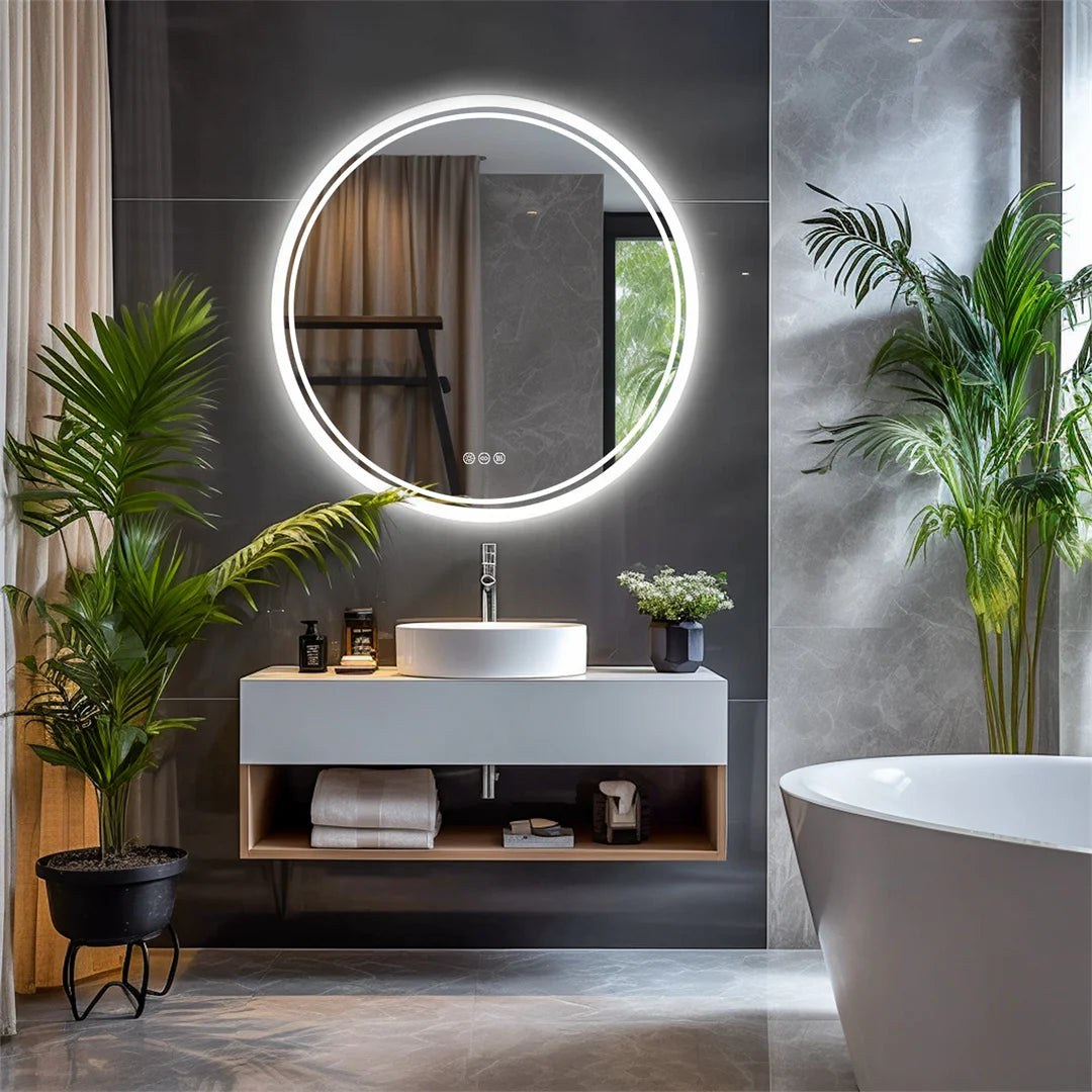 LuvoRound | Rundes LED-Badezimmerspiegel | Antibeschlag & Dimmbarer Touchscreen