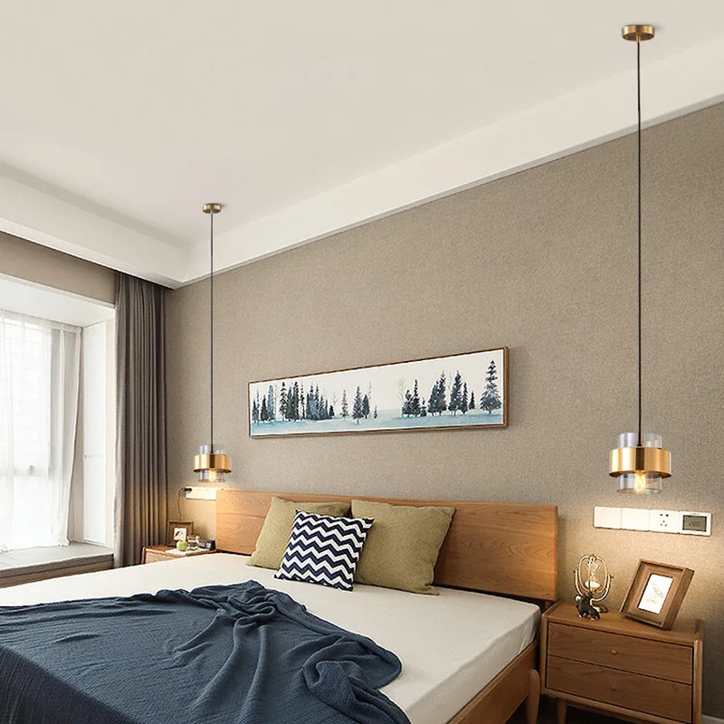 Nordic Glass Pendant Light | Modern Brass Cylinder Design