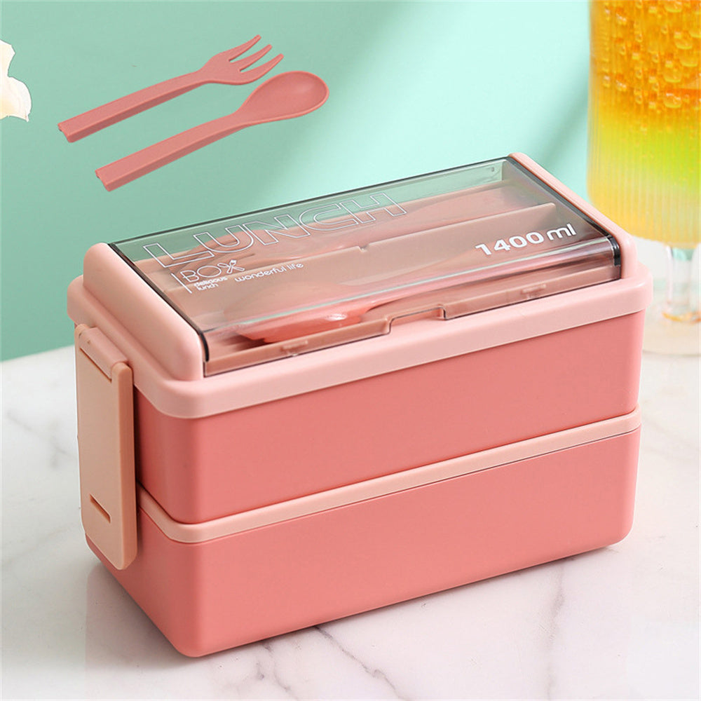 1400ml Double Layer Bento Box | Portable Lunch Box with Fork & Spoon – Microwave Safe Food Storage for Kids & Adults