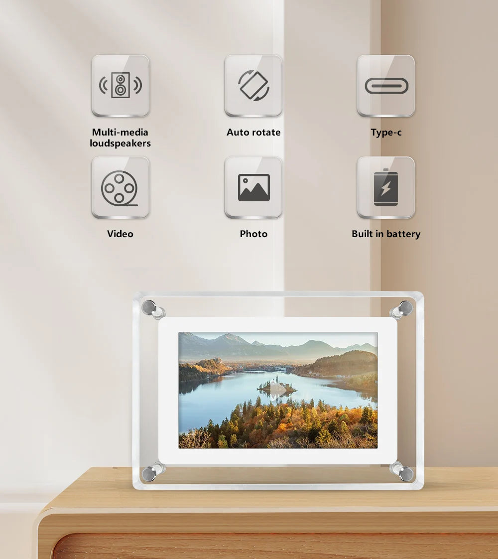 ClearFrame | Acrylic Digital Photo Frame | Portable IPS Display with Built-in Battery