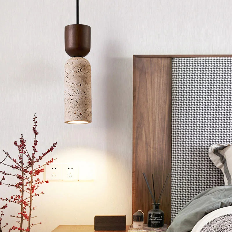 Wabi-Sabi Travertine & Wood Pendant Light | Japanese Minimalist Bedside Lighting