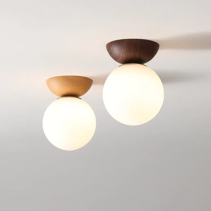 Luminária de Teto e Pendente Bola de Vidro Nórdica Moderna | Acabamento em Madeira
