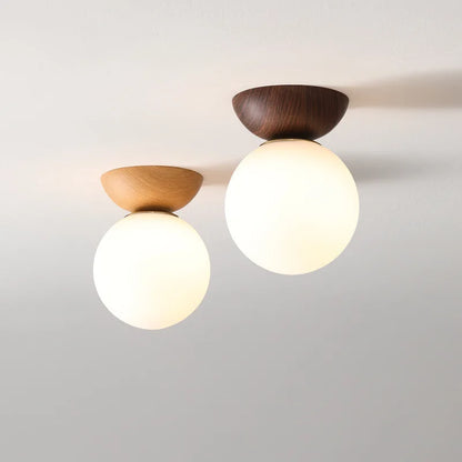 Luminária de Teto e Pendente Bola de Vidro Nórdica Moderna | Acabamento em Madeira