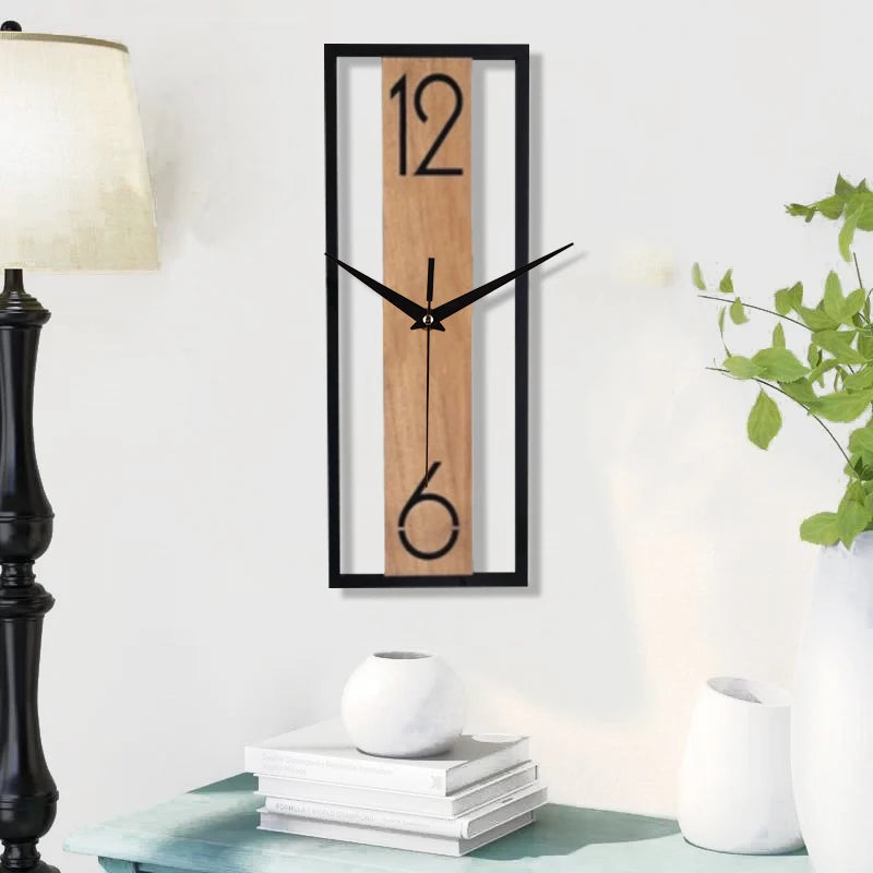 Moderne rechteckige Wanduhr | Schlankes Holzmaserungsrahmen-Design
