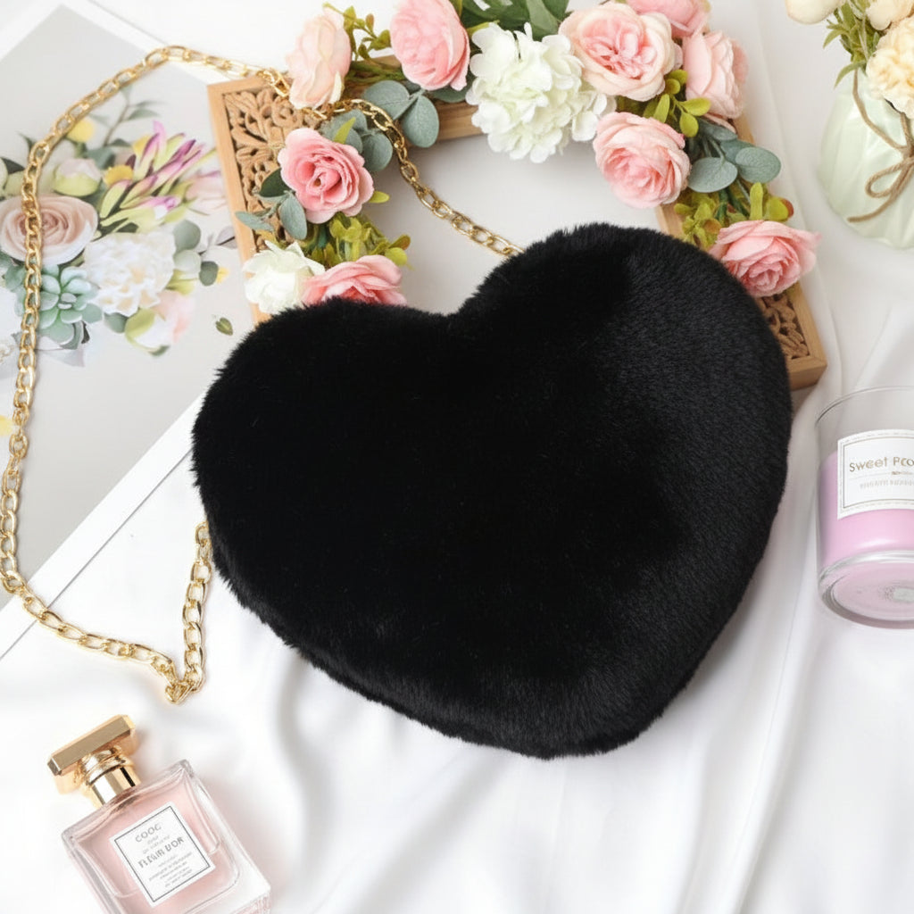 Shoulder Bag Faux Fur Heart Crossbody Chain Purse
