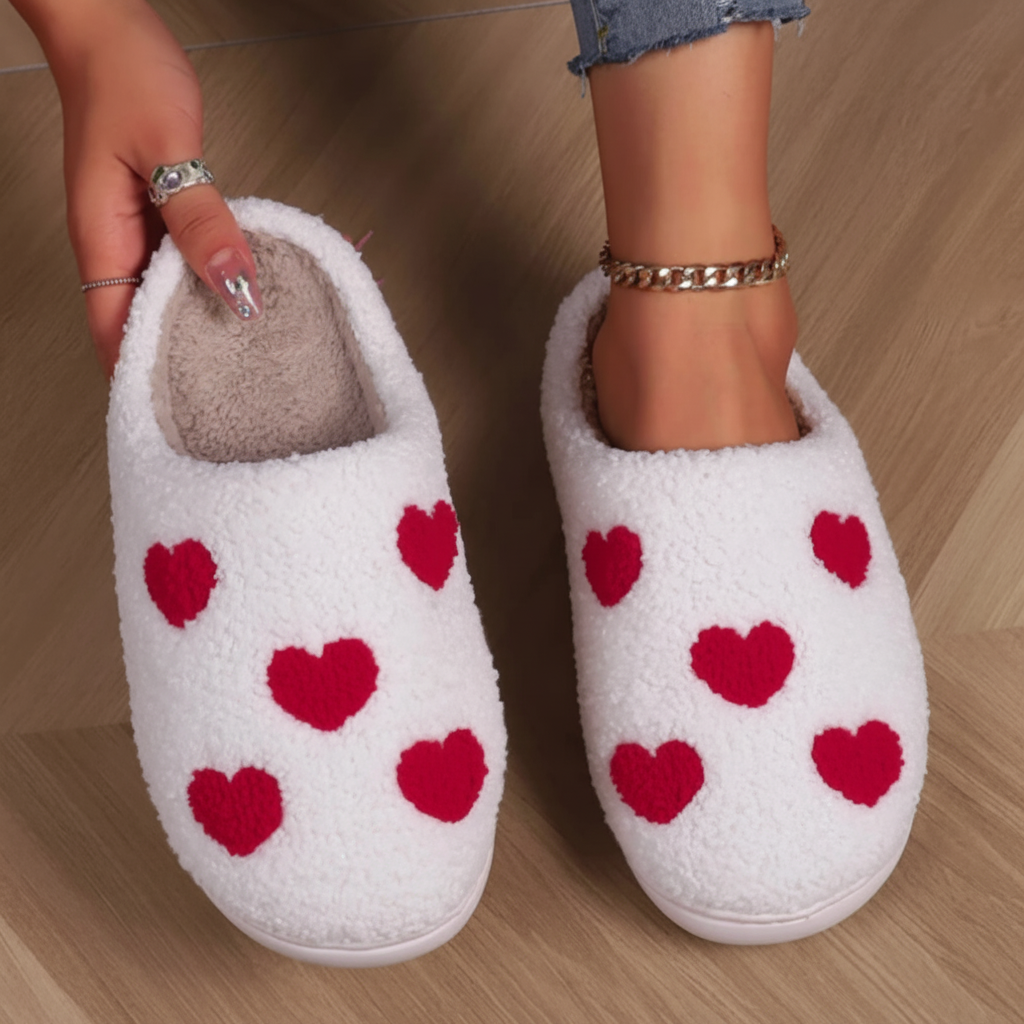 Papuci de casă pentru femei, călduroși, cu imprimeu inimă, spumă cu memorie