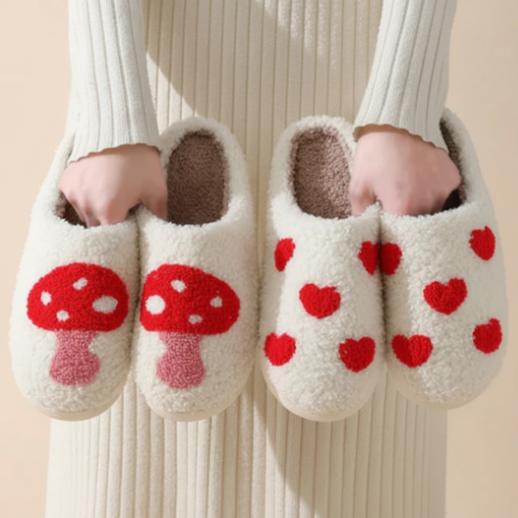 Papuci de casă pentru femei, călduroși, cu imprimeu inimă, spumă cu memorie