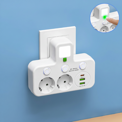 Strømfordeler med USB, vægstik og natlys, individuelle afbrydere