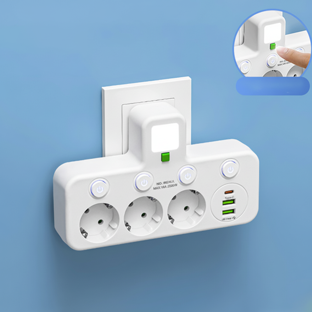 Strømfordeler med USB, vægstik og natlys, individuelle afbrydere