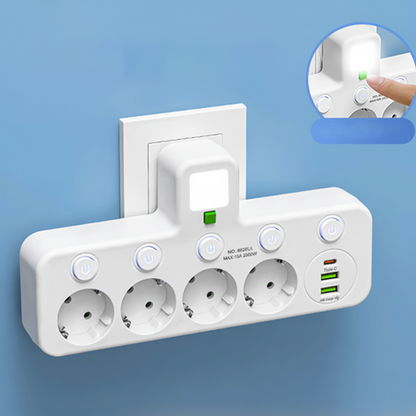 Strømfordeler med USB, vægstik og natlys, individuelle afbrydere
