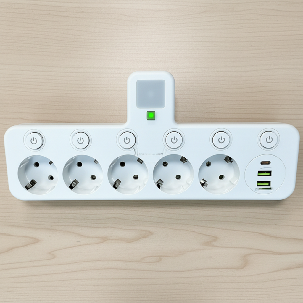 Strømfordeler med USB, vægstik og natlys, individuelle afbrydere