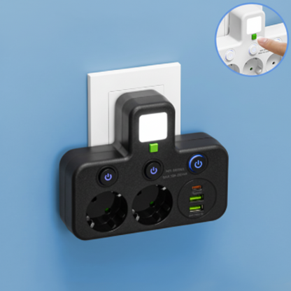 Strømfordeler med USB, vægstik og natlys, individuelle afbrydere