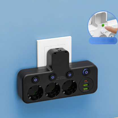 Strømfordeler med USB, vægstik og natlys, individuelle afbrydere