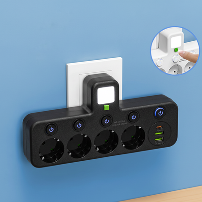 Strømfordeler med USB, vægstik og natlys, individuelle afbrydere