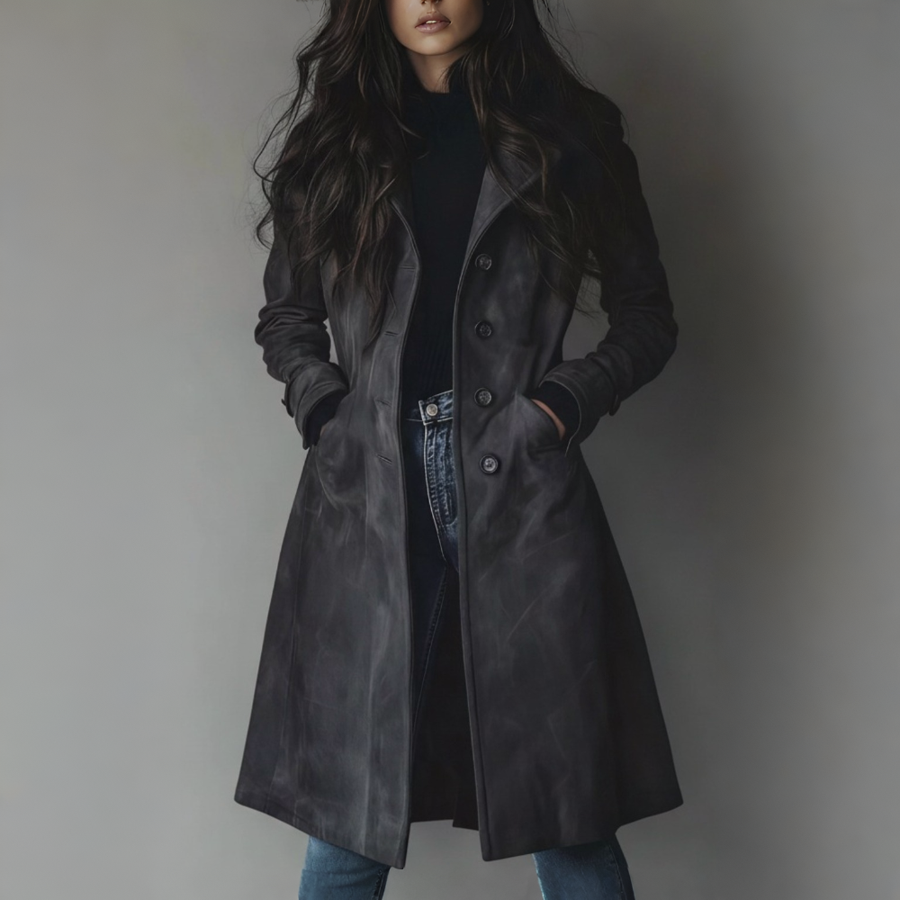 Cappotto lungo da donna in camoscio con bottoni frontali, giacca autunnale