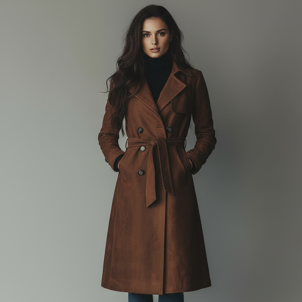 Cappotto lungo da donna in camoscio con bottoni frontali, giacca autunnale