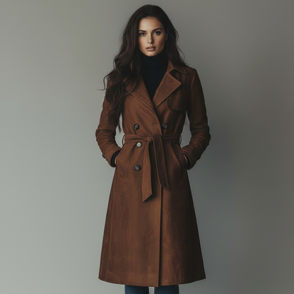 Cappotto lungo da donna in camoscio con bottoni frontali, giacca autunnale