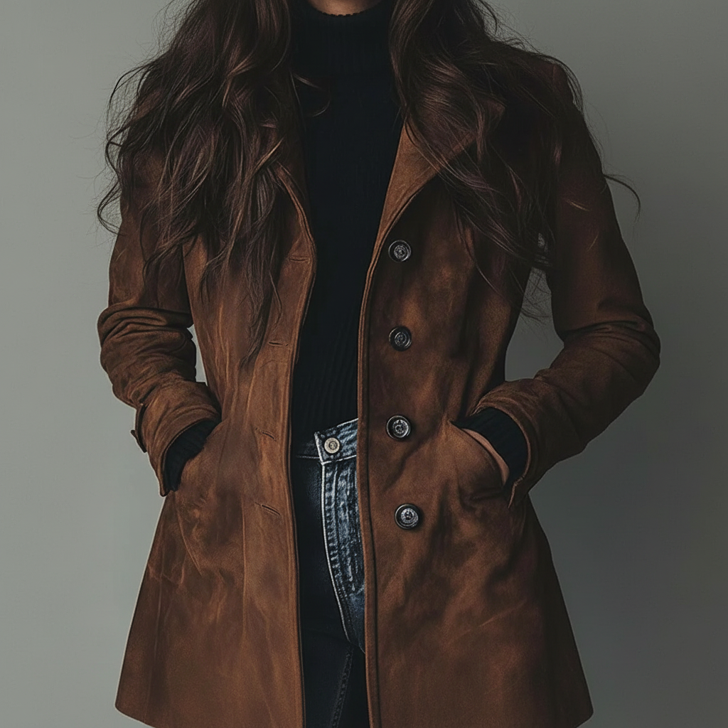 Cappotto lungo da donna in camoscio con bottoni frontali, giacca autunnale