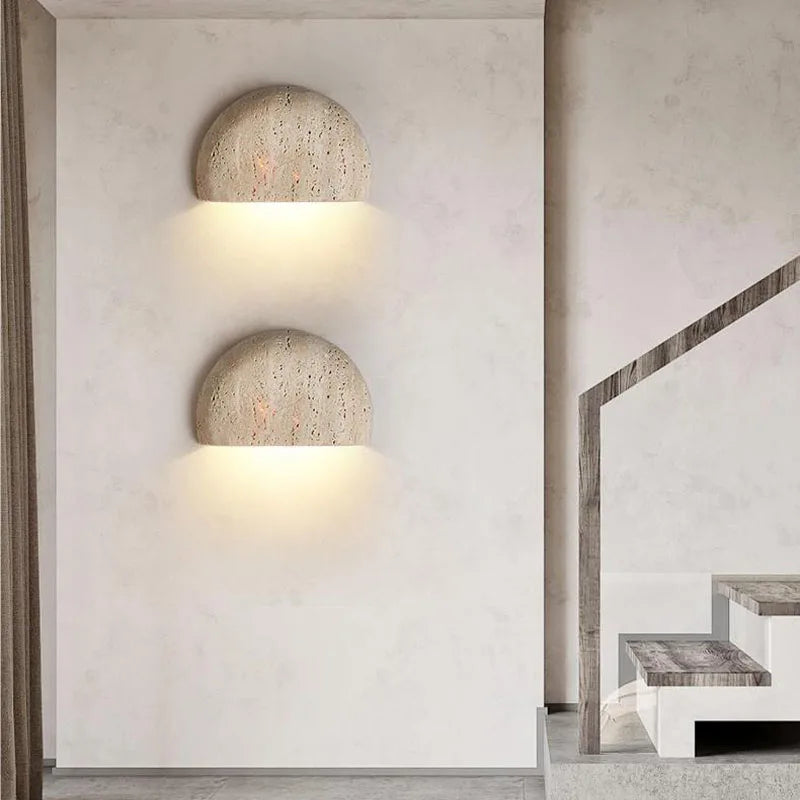 Wabi-Sabi Stone Wall Lamp | Natural Travertine Half-Dome Light