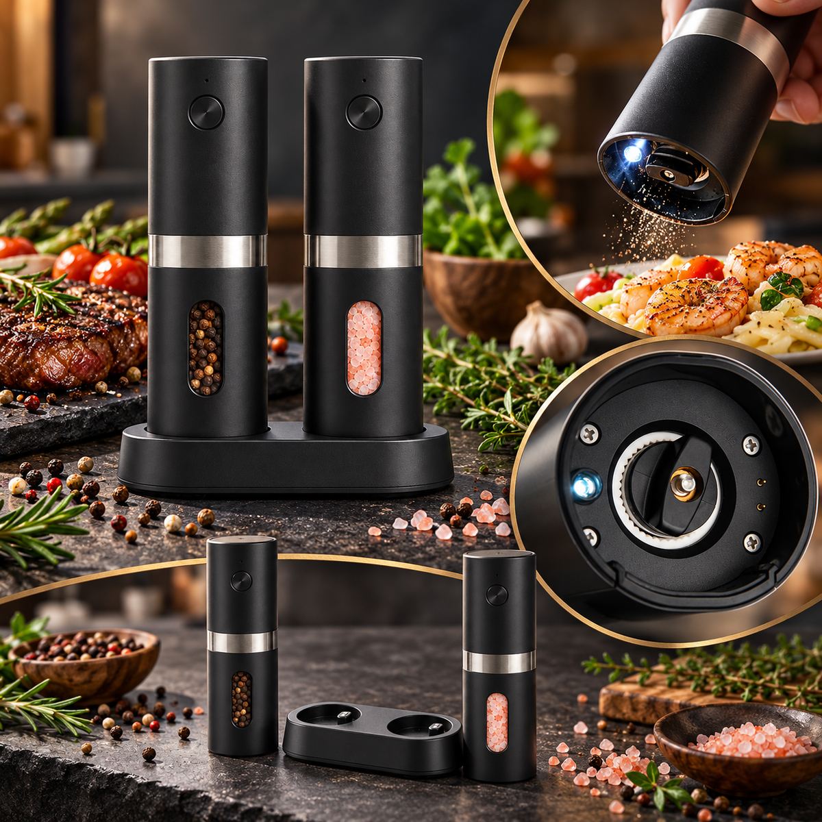 Salt Pepper Mill Rechargeable Set Adjustable Grind