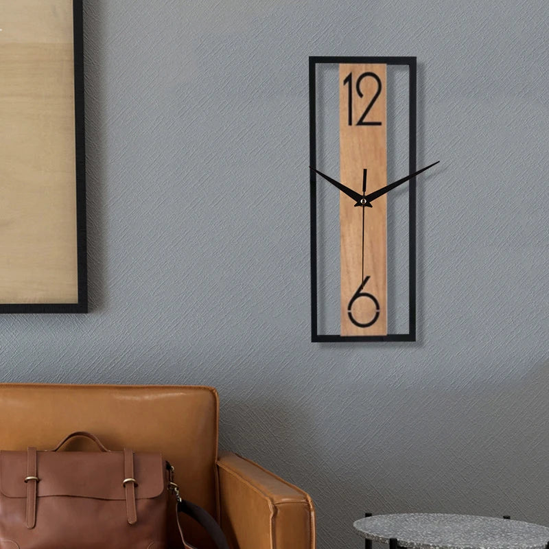 Moderne rechteckige Wanduhr | Schlankes Holzmaserungsrahmen-Design