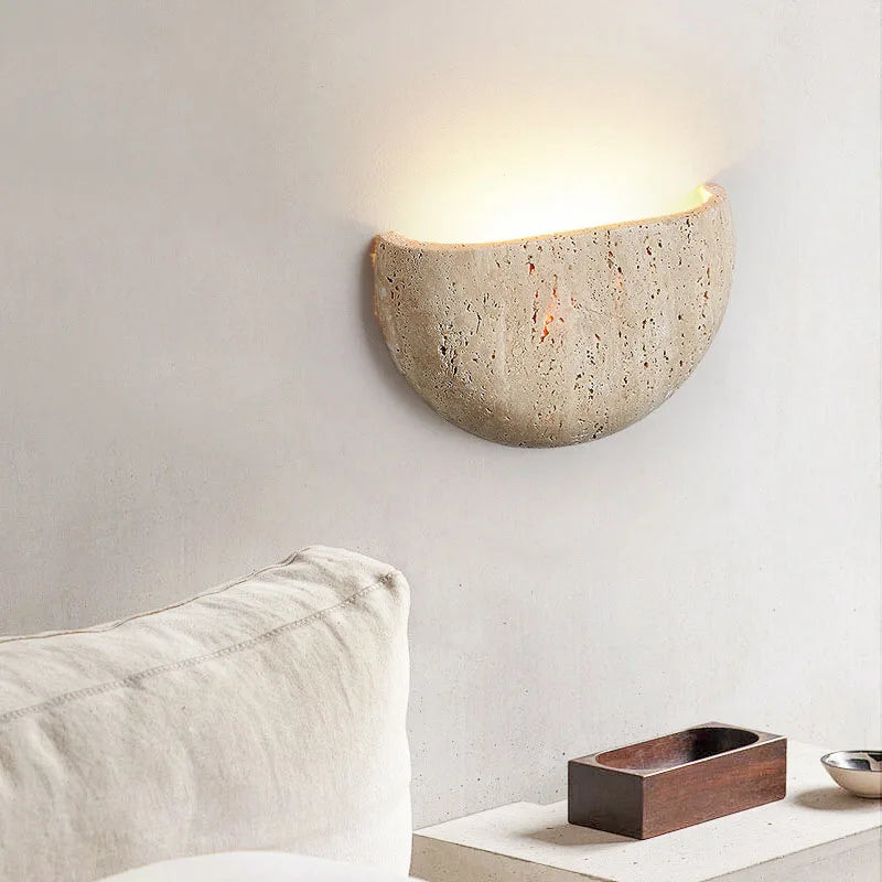 Wabi-Sabi Stone Wall Lamp | Natural Travertine Half-Dome Light