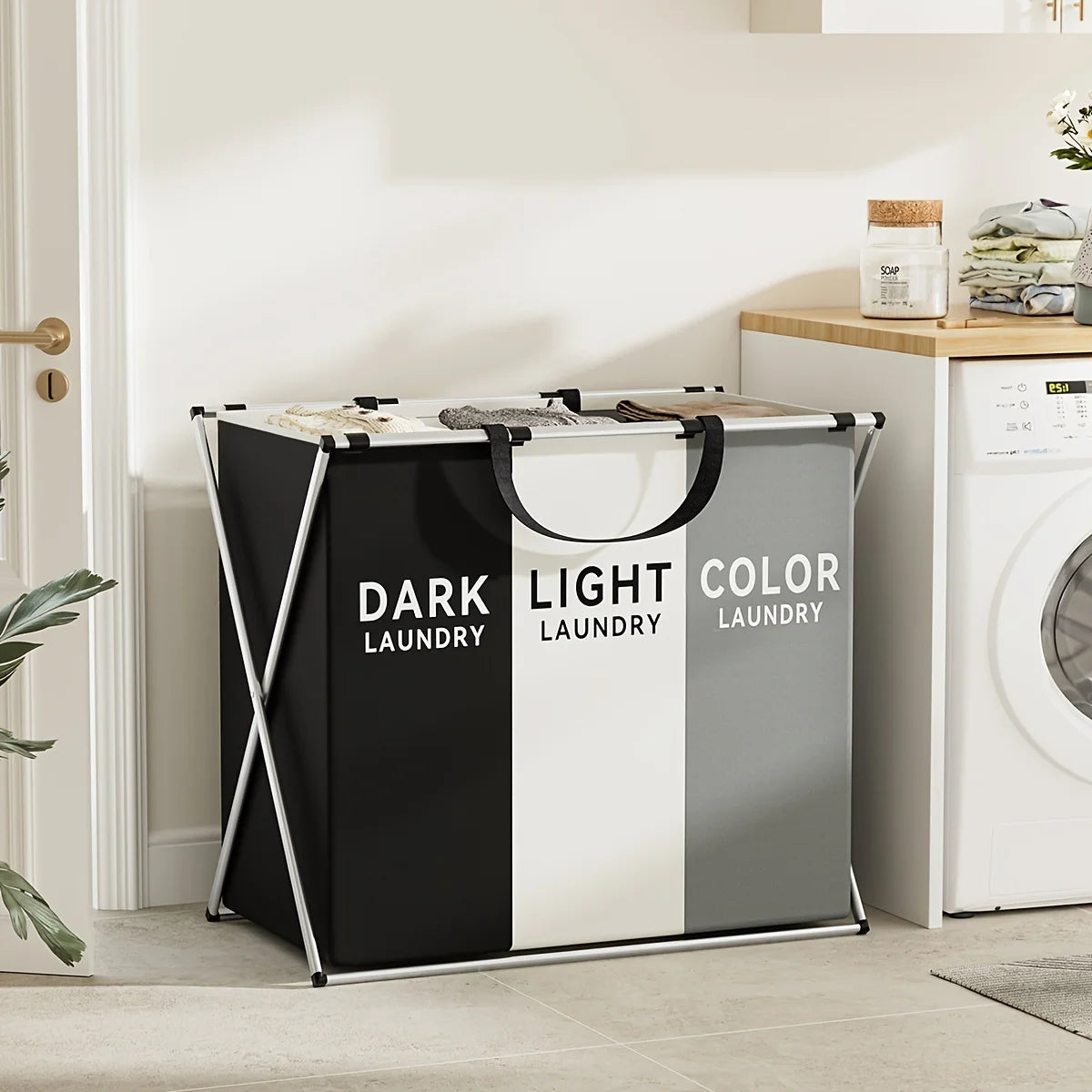TriSort | Multi-Section Laundry Hamper | Foldable Clothes Basket with Compartments