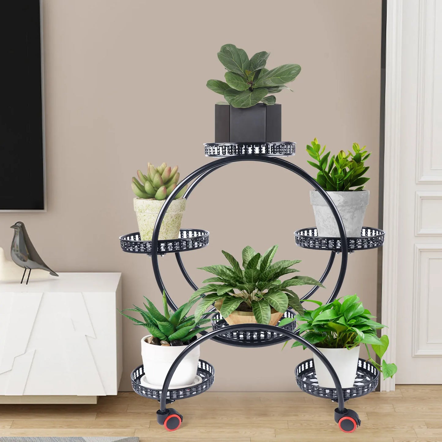 Metallisk planteholder med hjul | 6-niveau blomsterpotteholder til indendørs og udendørs dekoration