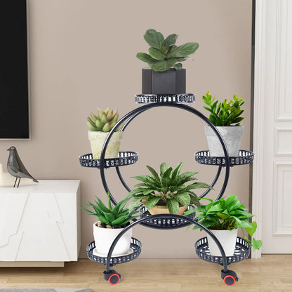 Metallisk planteholder med hjul | 6-niveau blomsterpotteholder til indendørs og udendørs dekoration