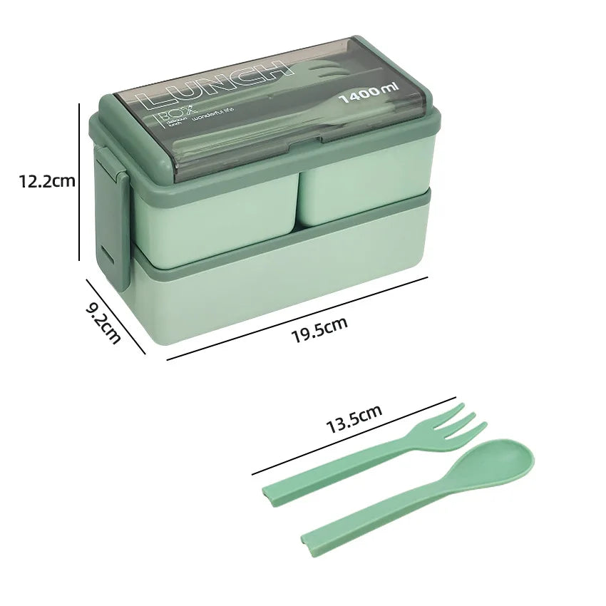 1400ml Double Layer Bento Box | Portable Lunch Box with Fork & Spoon – Microwave Safe Food Storage for Kids & Adults