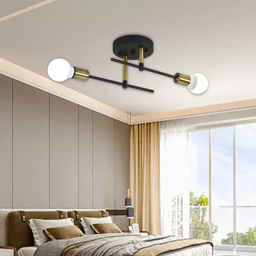 Modern 2-Light Ceiling Lamp | Black & Gold Flush Mount Chandelier