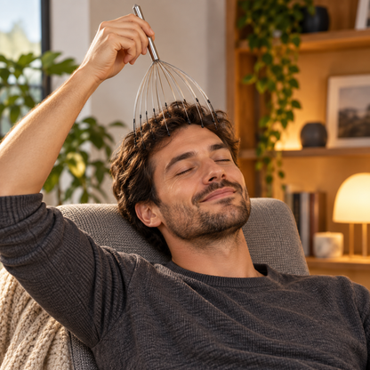Massageredskab til afslapning og stimulering, der lindrer stress i hovedbunden