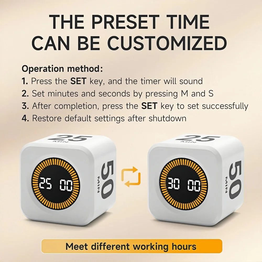 Digital Kitchen Timer | LED Visual Cube with 4 Preset Countdown Options – Cooking, Baking & Meal Prep Timer