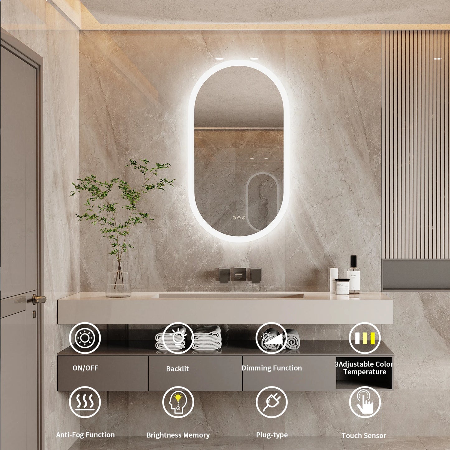 LumoOval | Espejo de baño ovalado LED | Diseño retroiluminado antiniebla y regulable