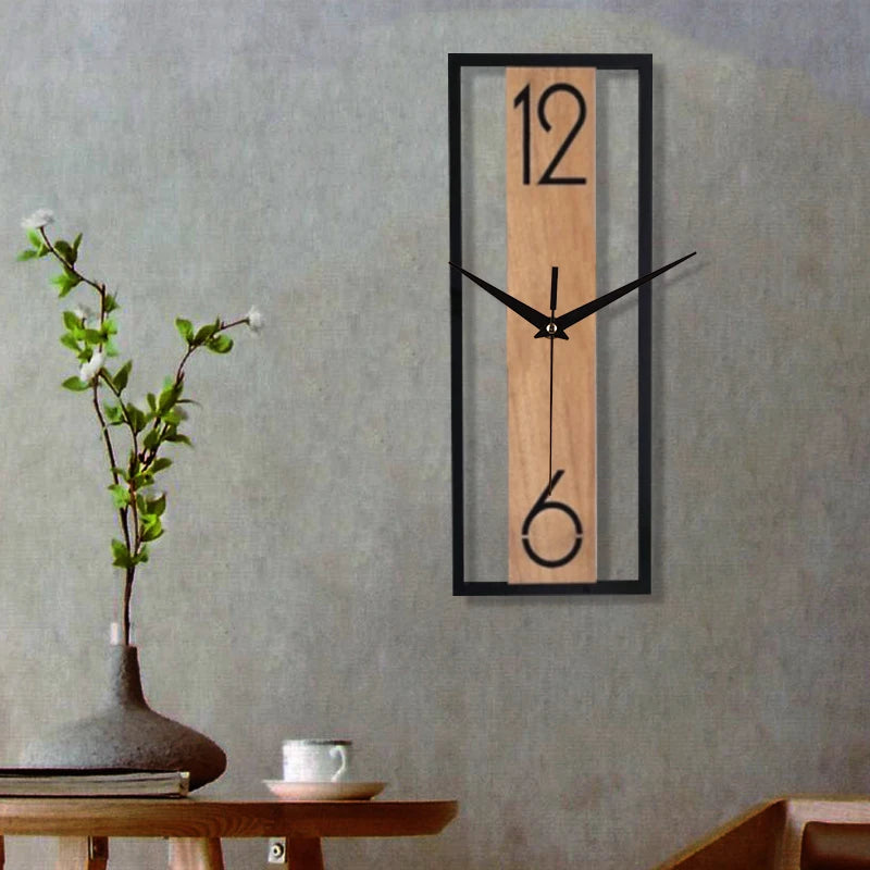 Moderne rechteckige Wanduhr | Schlankes Holzmaserungsrahmen-Design