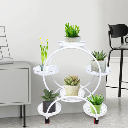 Metallisk planteholder med hjul | 6-niveau blomsterpotteholder til indendørs og udendørs dekoration