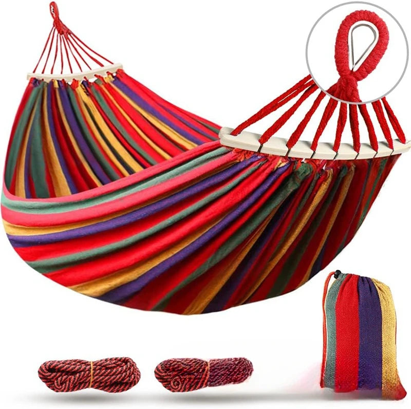 Canvas Double Hammock | Anti-Roll Swing Bed with Wooden Spreaders for Camping & Outdoors