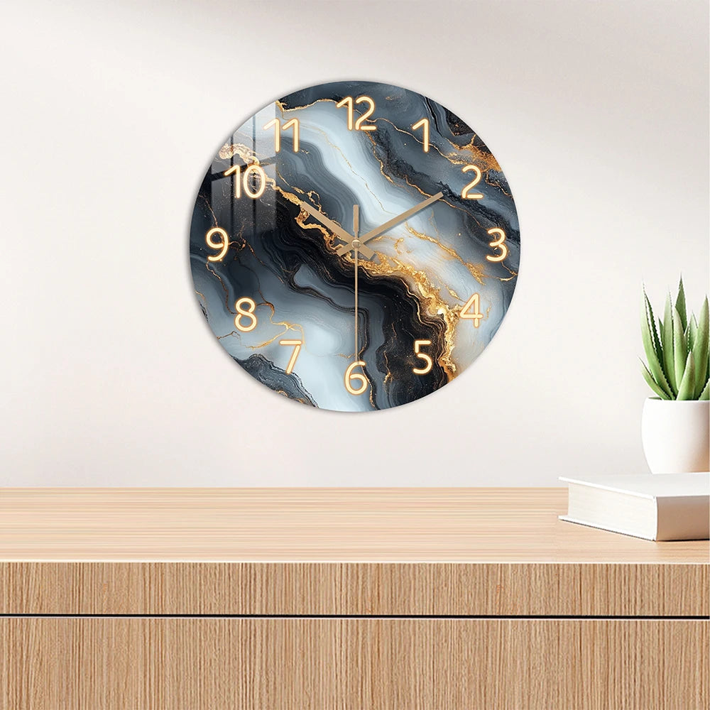 Blue & Gold Marble Wall Clock | Silent Wooden Design