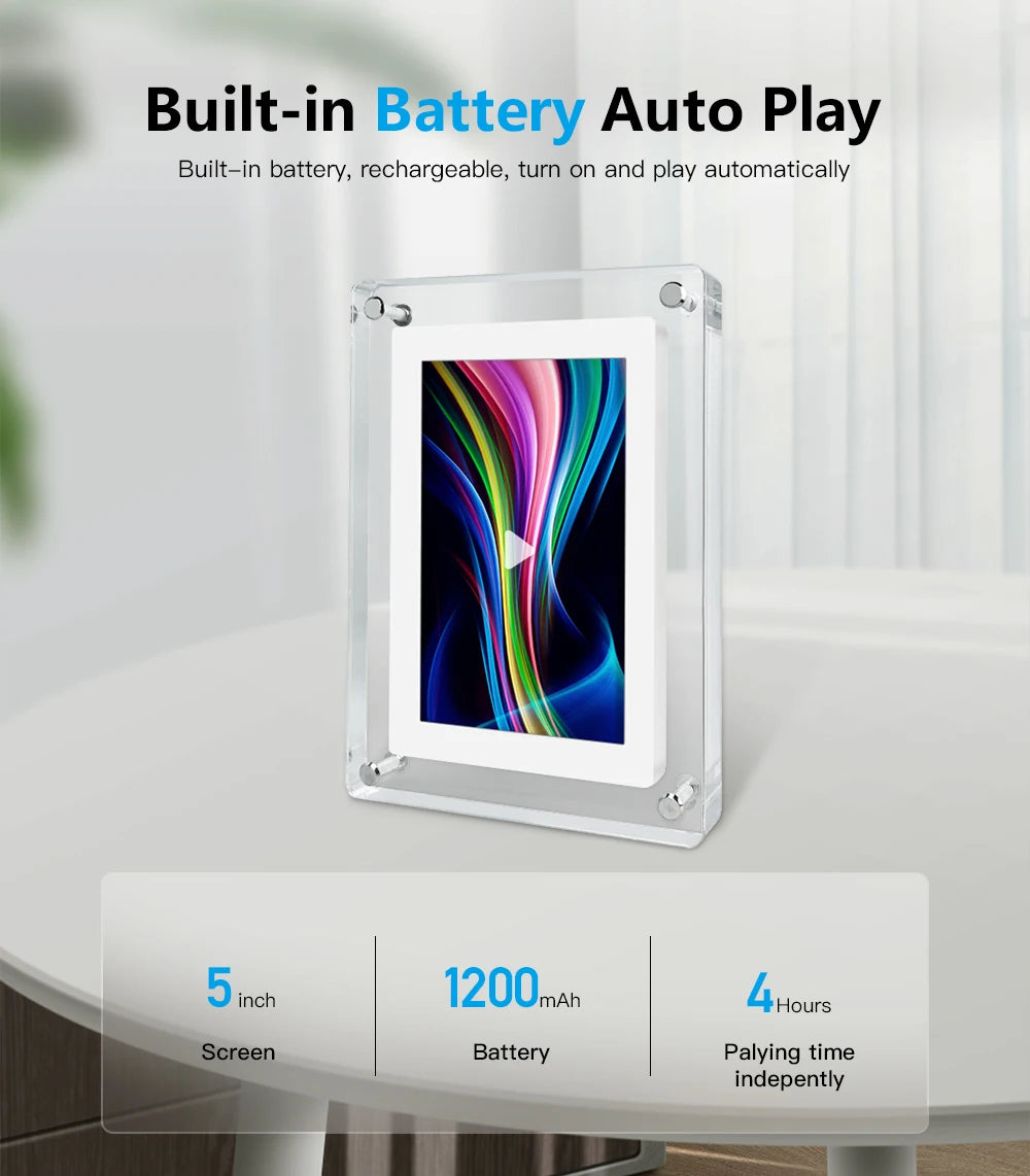 ClearFrame | Acrylic Digital Photo Frame | Portable IPS Display with Built-in Battery