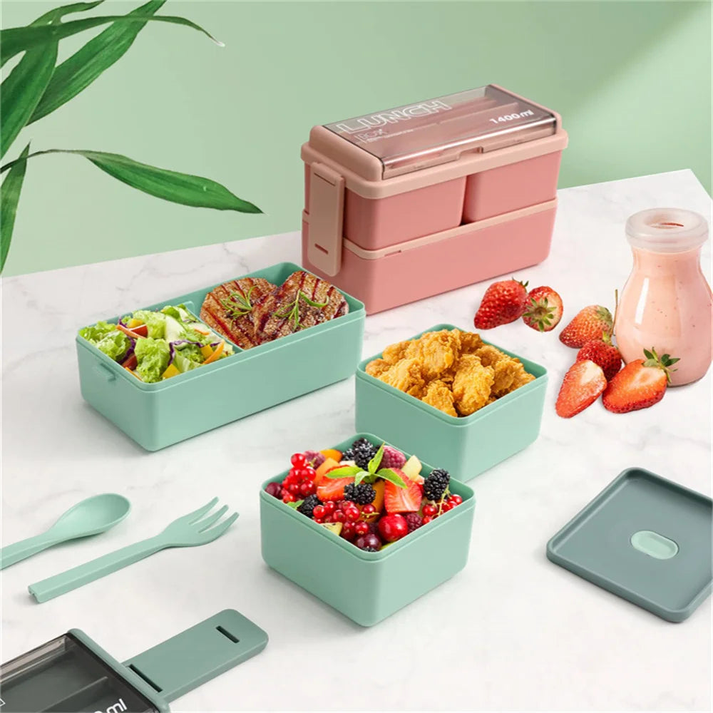 1400ml Double Layer Bento Box | Portable Lunch Box with Fork & Spoon – Microwave Safe Food Storage for Kids & Adults
