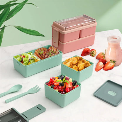 1400ml Bento-Box mit Doppelwand | Tragbare Brotdose mit Gabel & Löffel – Mikrowellengeeignete Lebensmittelaufbewahrung für Kinder & Erwachsene