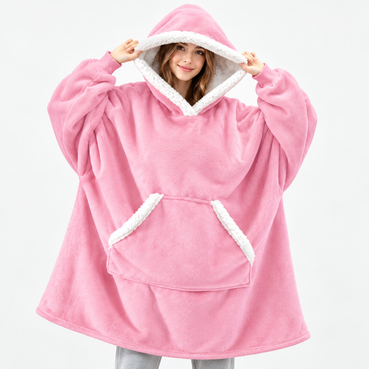 Oversized hyggelig pullover-hættetrøje med ternet tæppefor i sherpa