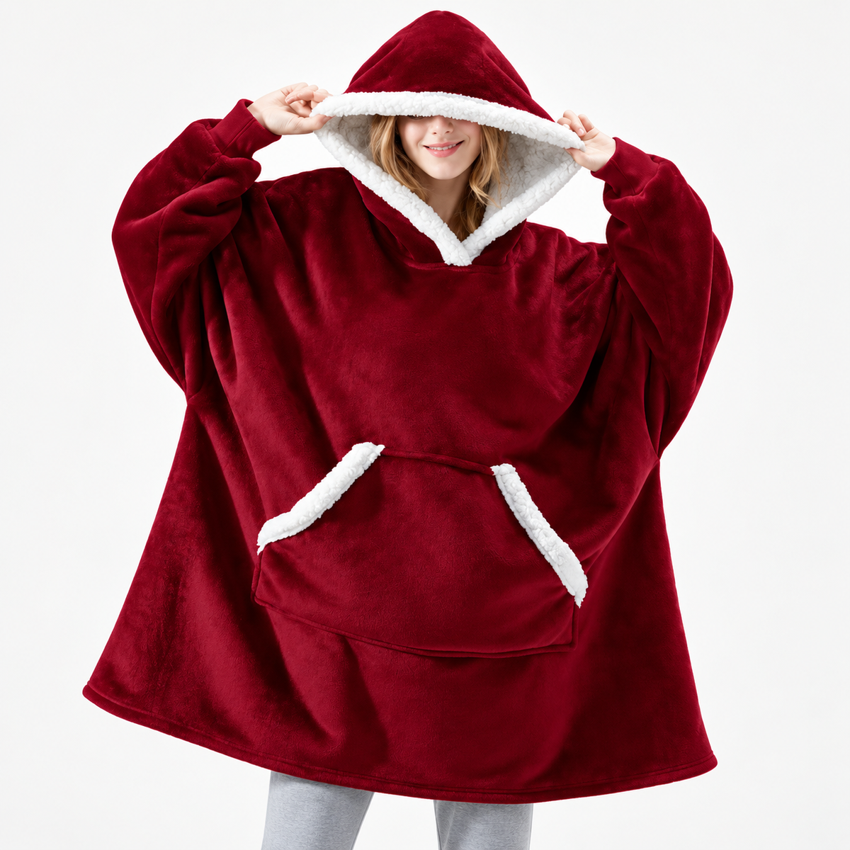 Oversized hyggelig pullover-hættetrøje med ternet tæppefor i sherpa