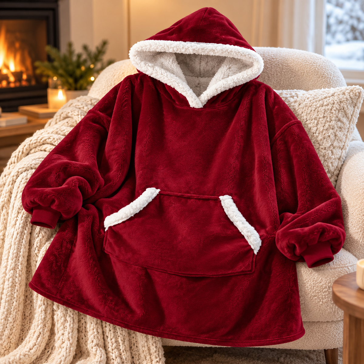 Oversized hyggelig pullover-hættetrøje med ternet tæppefor i sherpa