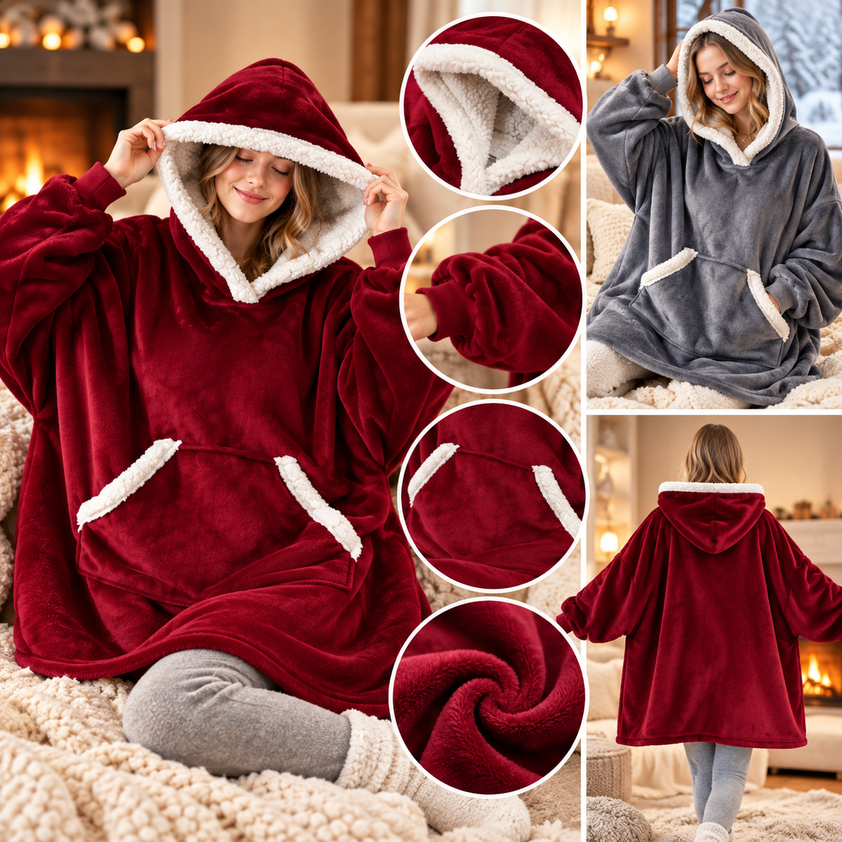 Oversized hyggelig pullover-hættetrøje med ternet tæppefor i sherpa