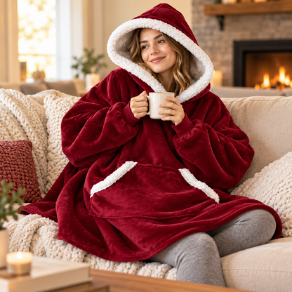 Oversized hyggelig pullover-hættetrøje med ternet tæppefor i sherpa
